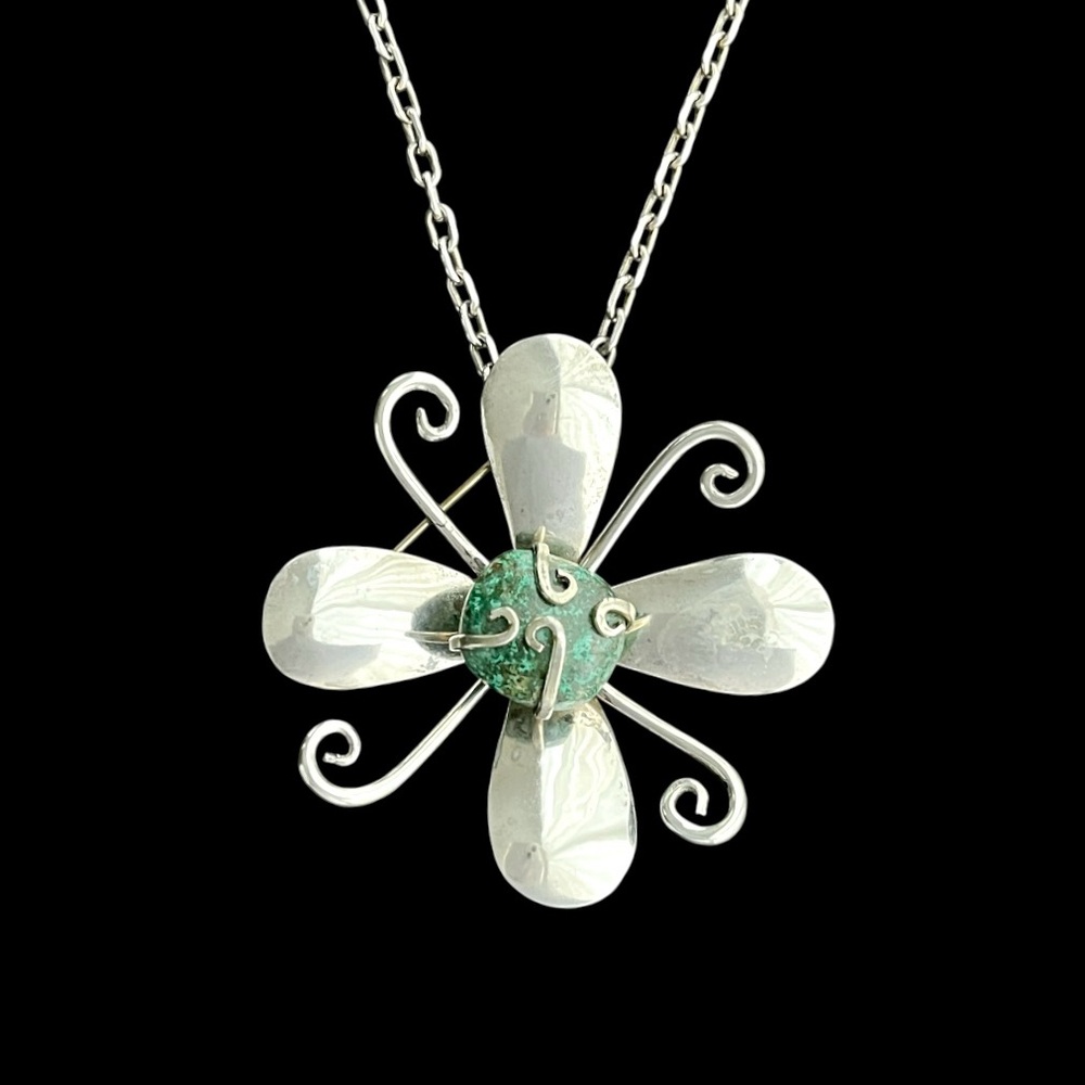 Vintage 925 sterling silver green stone Taxco Mexico flower brooch